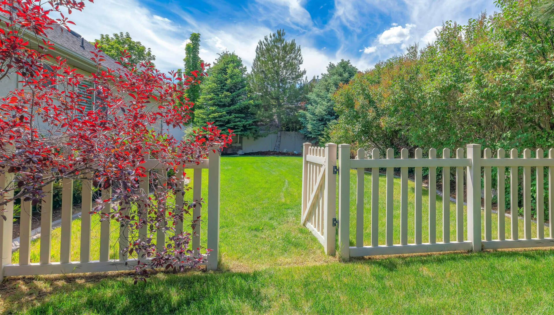 A functional fence gate providing access to a well-maintained backyard, surrounded by a wooden fence in Jacksonville